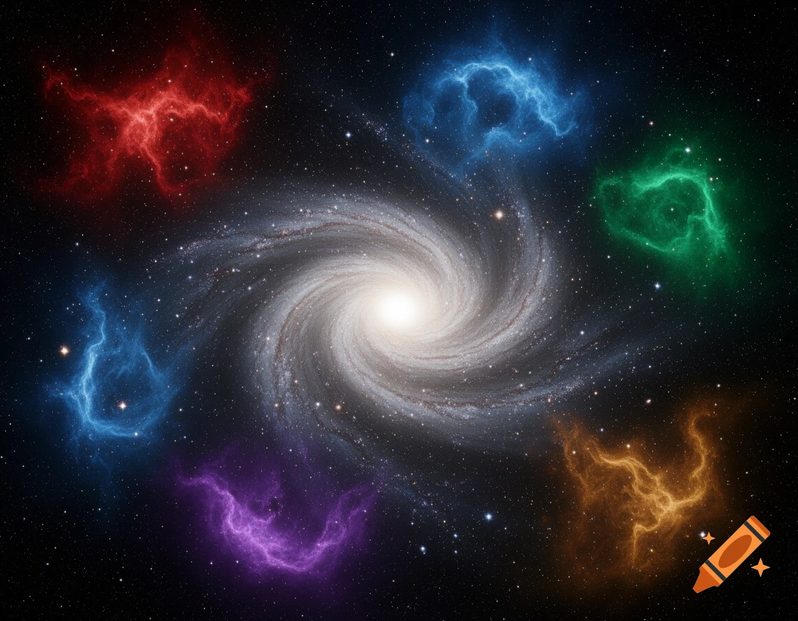 A vibrant spiral galaxy with a luminous core is surrounded by six colorful nebulae set against a backdrop of twinkling stars in deep space.