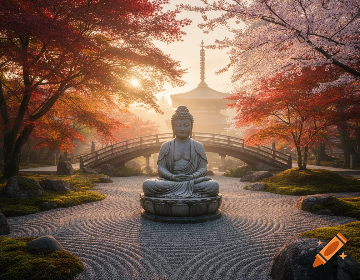 A stone Buddha statue sits in a serene Japanese rock garden with raked sand patterns. Red autumn leaves and pink cherry blossoms frame a bridge and a distant temple under a soft, golden sky.
