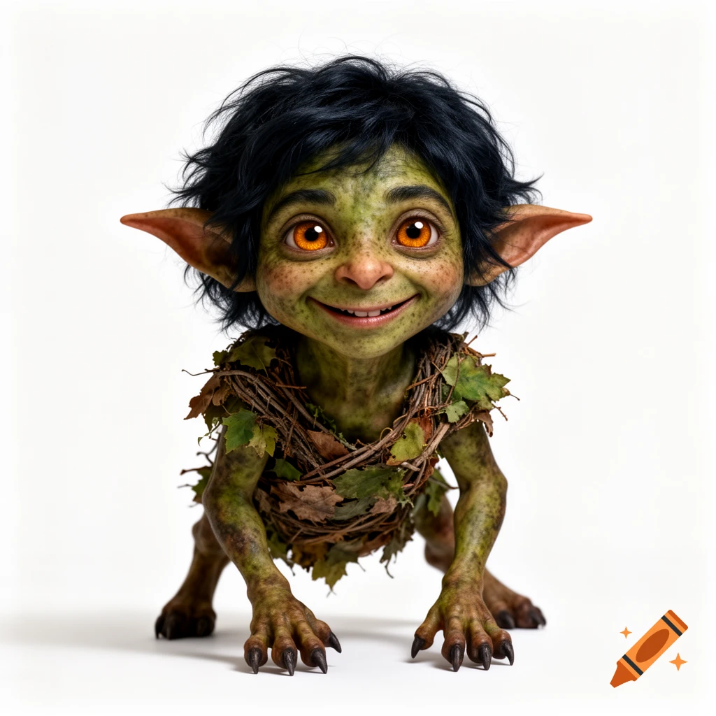 A cute, smiling, goblin-like pooka creature with green skin, large orange eyes, and messy dark hair, wearing leaves and twigs.