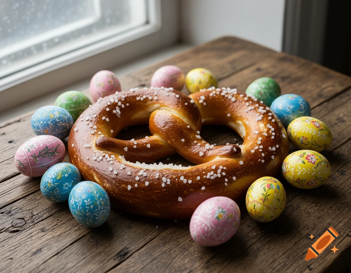 A salted pretzel surrounded by colorful, decorative Easter eggs on a rustic wooden table by a window.