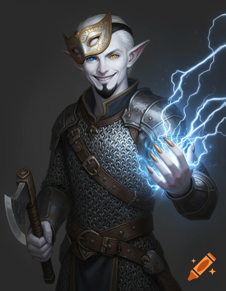 A smiling, pale-skinned fantasy sorcerer-warrior with heterochromia and white hair, wearing chainmail and a mask, holding an axe and summoning electricity.