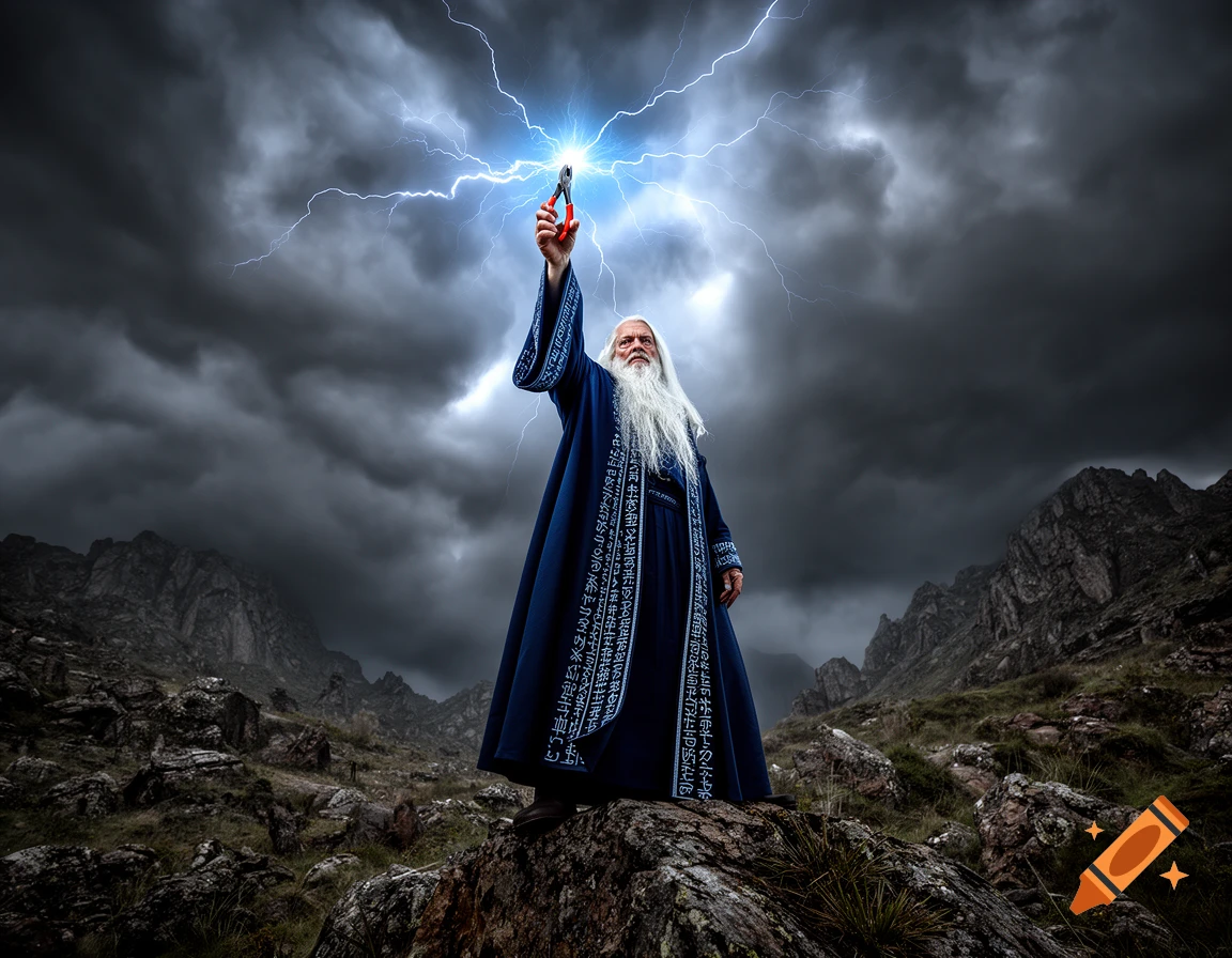 A powerful wizard with a long white beard, wearing a blue robe with illegible runes, stands on a rocky mountain peak. He holds lineman's pliers aloft, from which a bright lightning bolt strikes a stormy, dark sky.