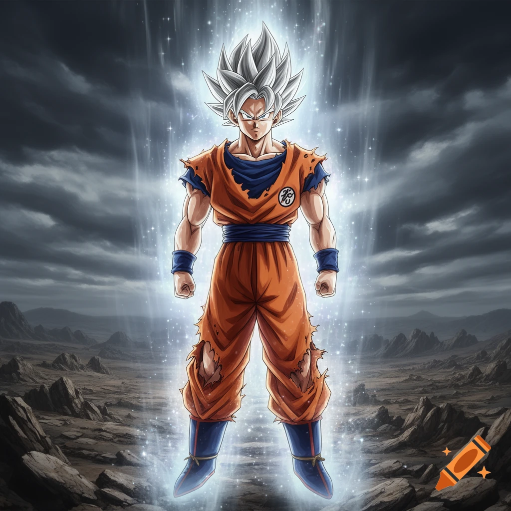 Goku in Ultra Instinct form with silver hair and a bright aura, wearing a torn orange gi, stands on a rocky alien landscape under a stormy sky in anime style.