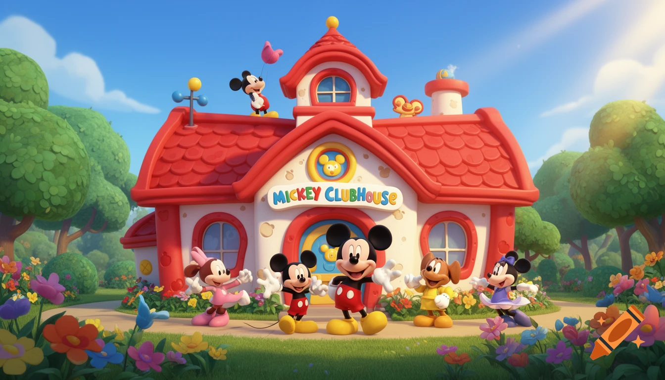 A colorful 3D cartoon image featuring Mickey Mouse, Minnie, Donald, Daisy, Goofy, and Pluto around the "Mickey Clubhouse" in a vibrant, flowery garden.