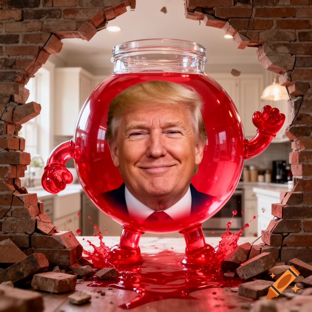 Donald Trump's face on the Kool-Aid Man, bursting through a brick wall into a kitchen, spilling red liquid.