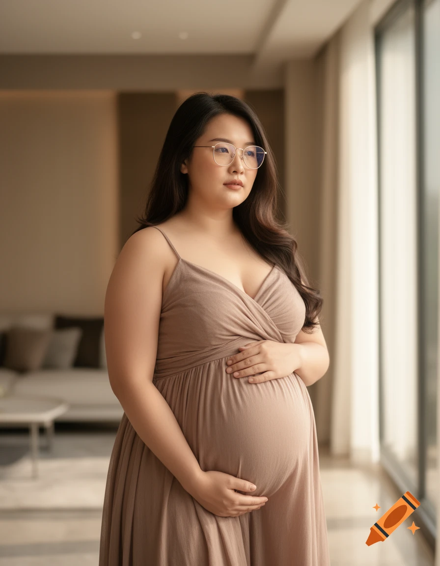 A pregnant Asian woman with long dark hair and glasses wears a light brown dress, holding her belly while standing by a window indoors.