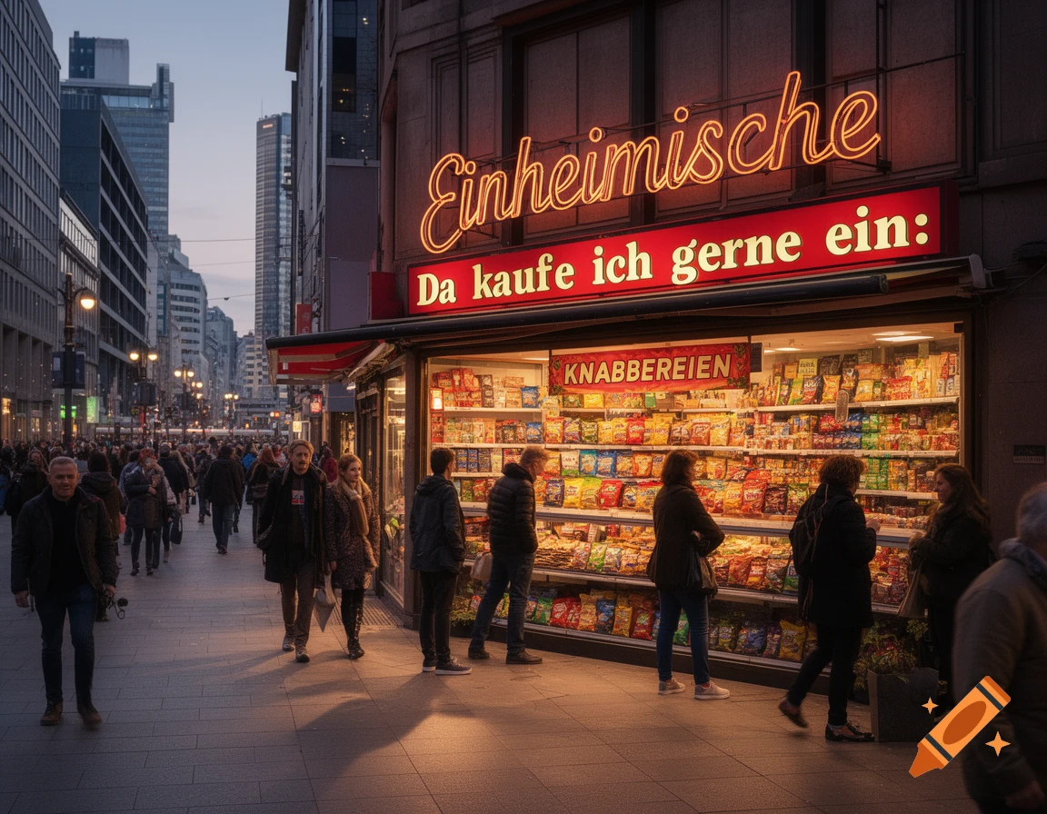 A bustling city street scene at dusk, featuring a brightly lit shop with snacks and neon signs that read "Einheimische" and "Da kaufe ich gerne ein:". People walk and browse outside the shop.
