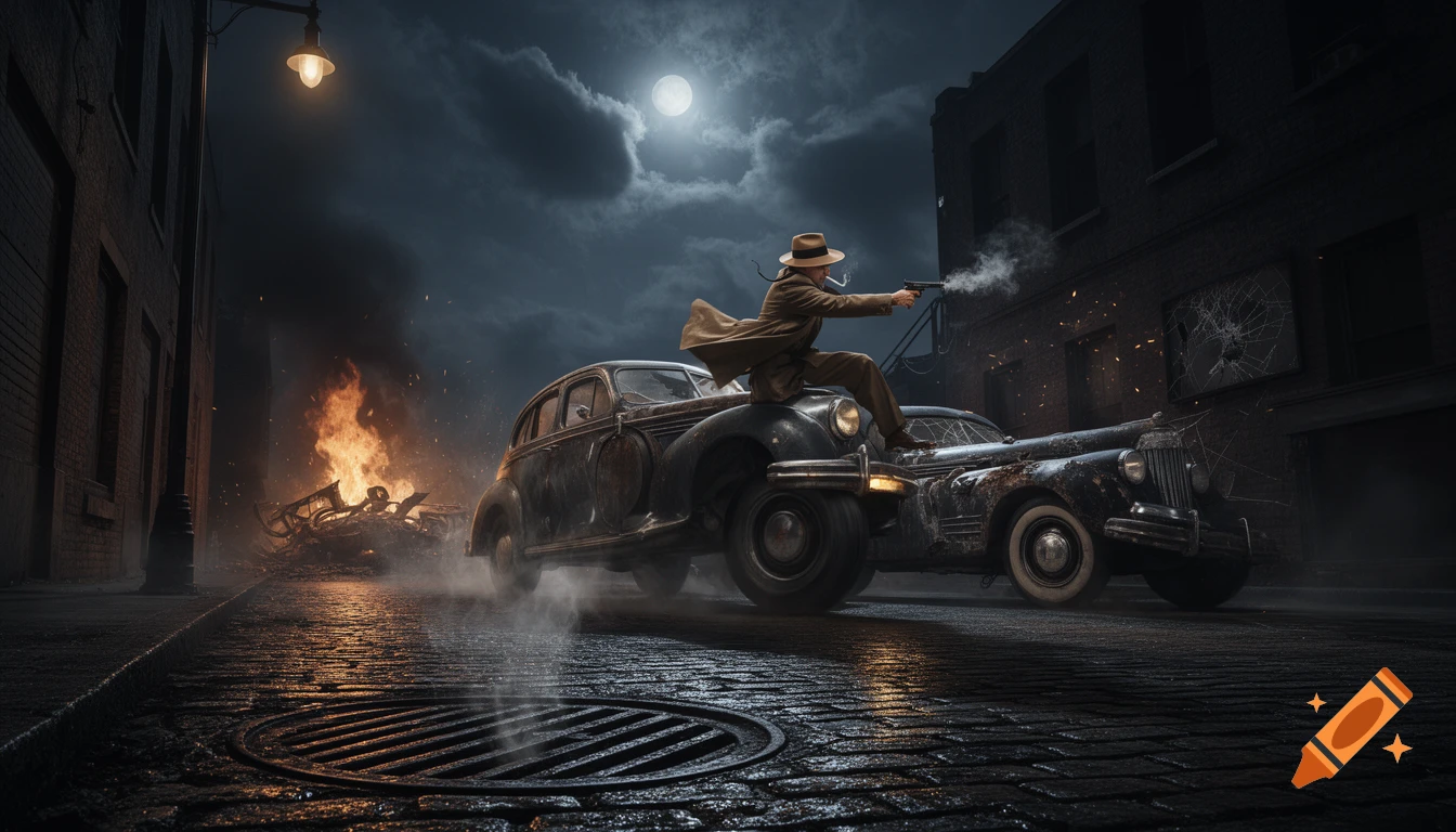 A gangster in a trench coat and fedora fires a pistol from a vintage car on a wet, dark street with a burning wreck.