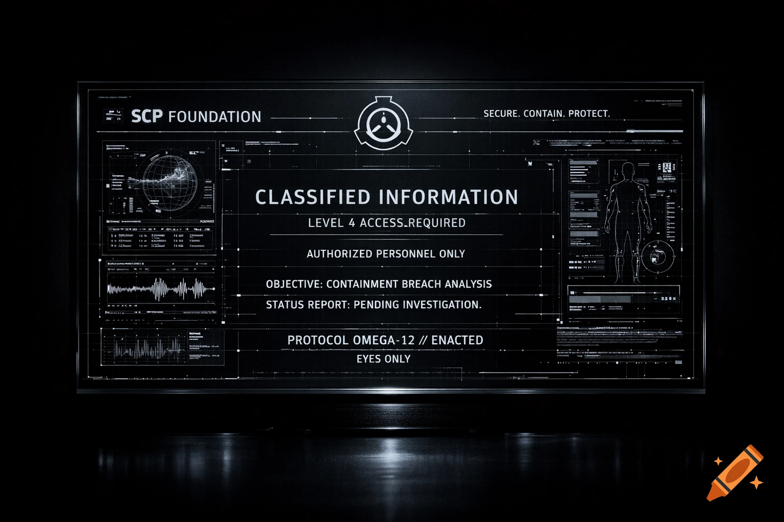 A dark, futuristic SCP Foundation briefing screen displays classified information, technical graphics, and mission objectives.