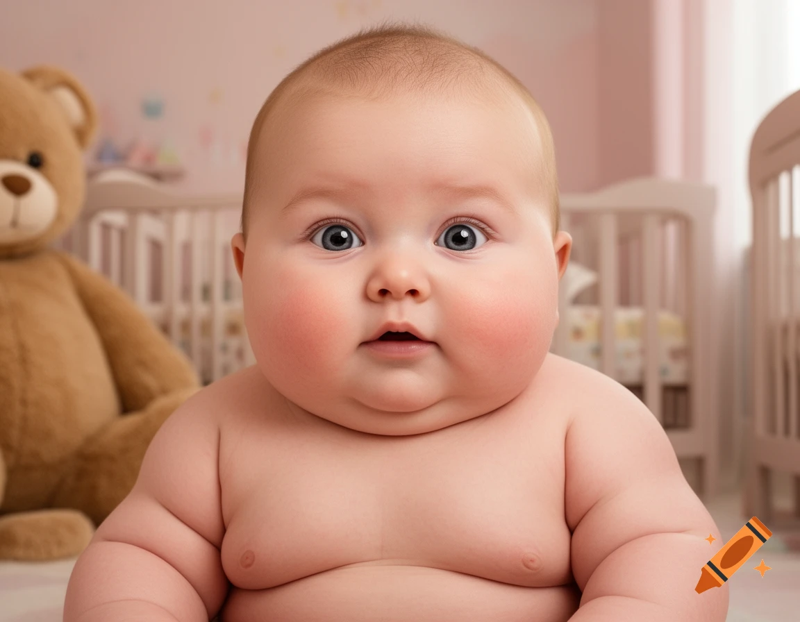 A close-up photorealistic shot of a very chubby baby with wide blue eyes, looking directly at the viewer. A teddy bear and crib are in the blurred background.