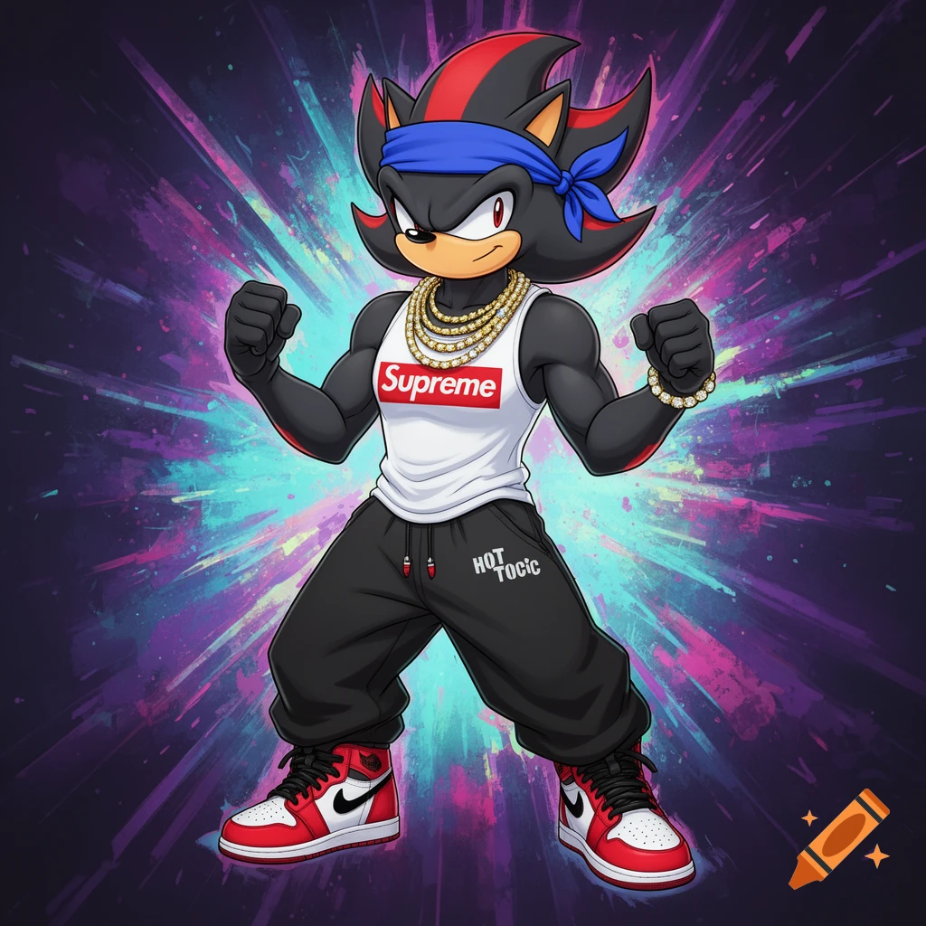 Shadow the Hedgehog in a white Supreme tank top, black pants, red and white Jordans, blue bandana, and gold chains, flexing against a vibrant background.