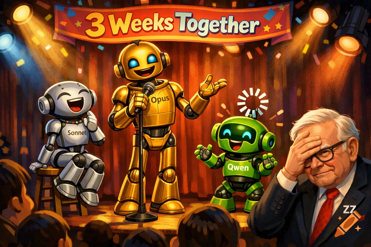 Three cartoon robots perform on a stage with a '3 Weeks Together' banner. A golden robot named Opus sings, silver Sonnet laughs on a stool, and green Qwen stands with a loading spinner. In the audience, a man named ZZ facepalms.