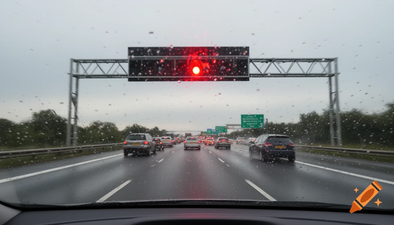 View from inside a car on a rainy highway, with an overhead traffic light showing red and cars in traffic.