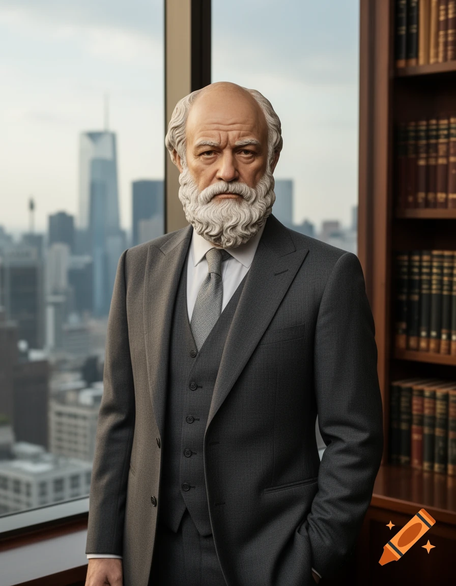 A photorealistic portrait of an old man with a long white beard, wearing a gray business suit, standing in an office with a cityscape view and bookshelves.
