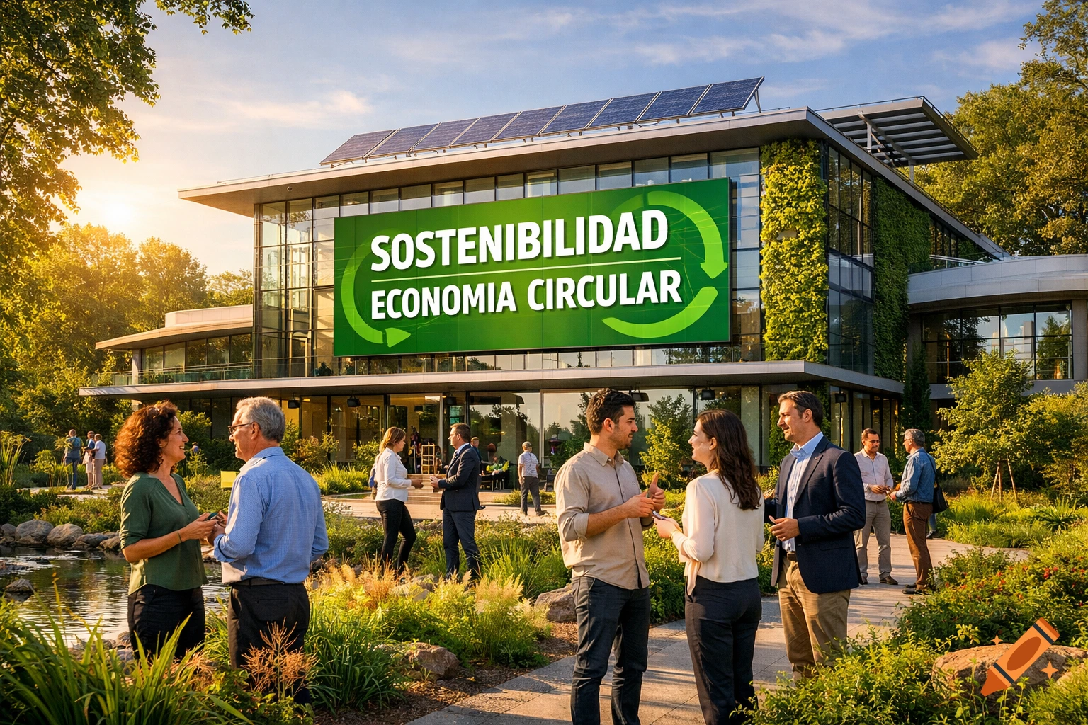 People network outside a modern green building with solar panels and a large sign that reads 'SOSTENIBILIDAD ECONOMIA CIRCULAR' in a sunny setting.
