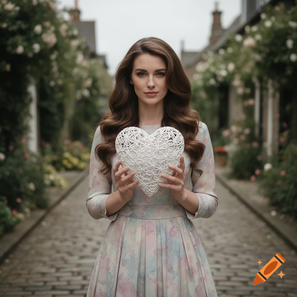 A woman with long wavy hair in a floral dress holds a white woven heart on a cobblestone street lined with rose bushes.