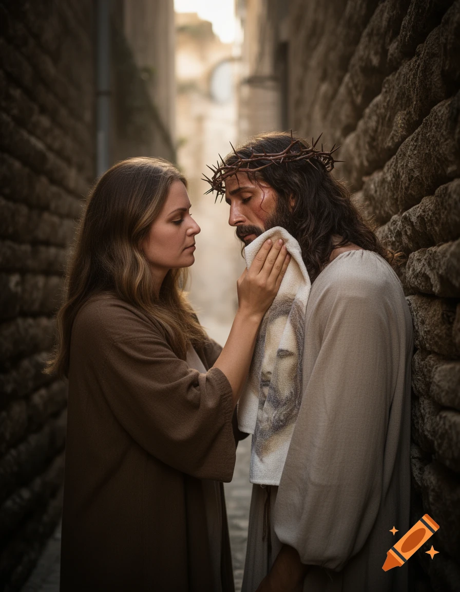 A woman in brown robes gently wipes the face of a man wearing a crown of thorns with a white cloth, revealing an imprint of his face, in a narrow stone alley.