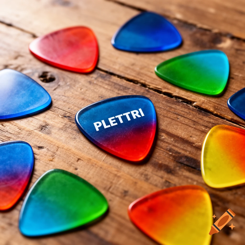 Colorful guitar picks, one reading "PLETTRI", scattered on a rustic wooden surface in a high-angle shot.