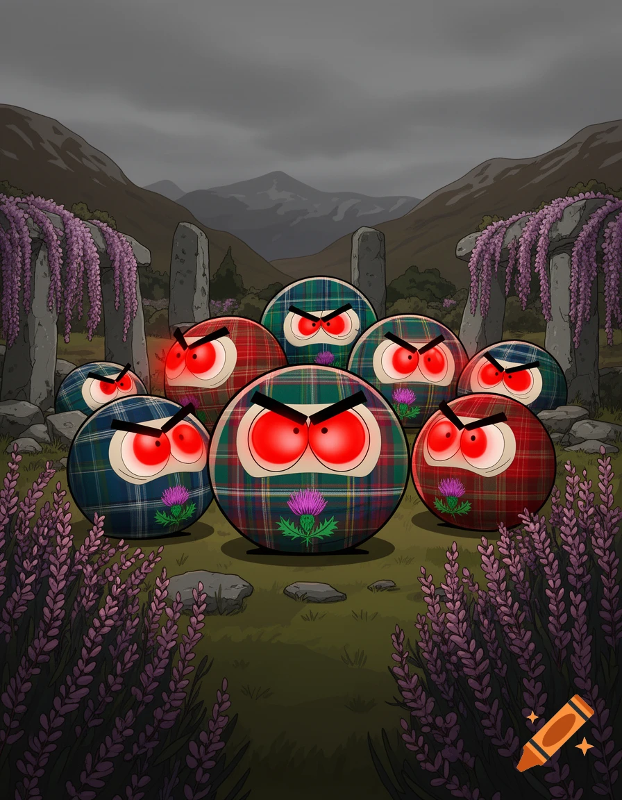 Cartoon of angry, plaid-patterned Countryballs with glowing red eyes standing in a Scottish landscape with mountains and ancient stones under a dark sky.