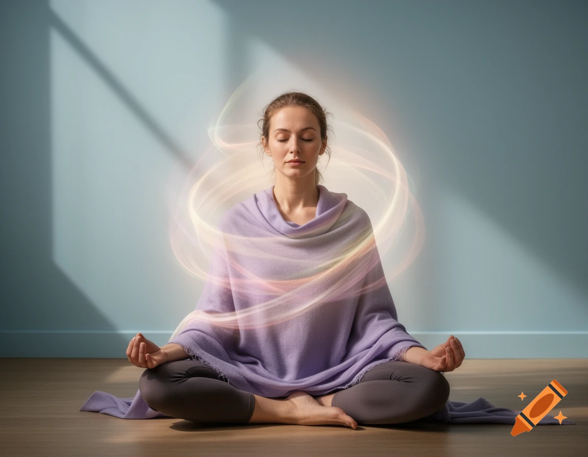 A woman meditates in a lotus position, enveloped in a glowing, ethereal aura, in a serene room.