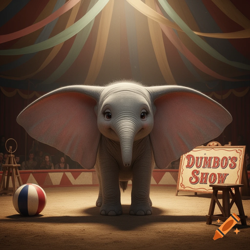 A cute baby elephant with large ears in a circus ring, with a sign reading 'DUMBO'S SHOW'.