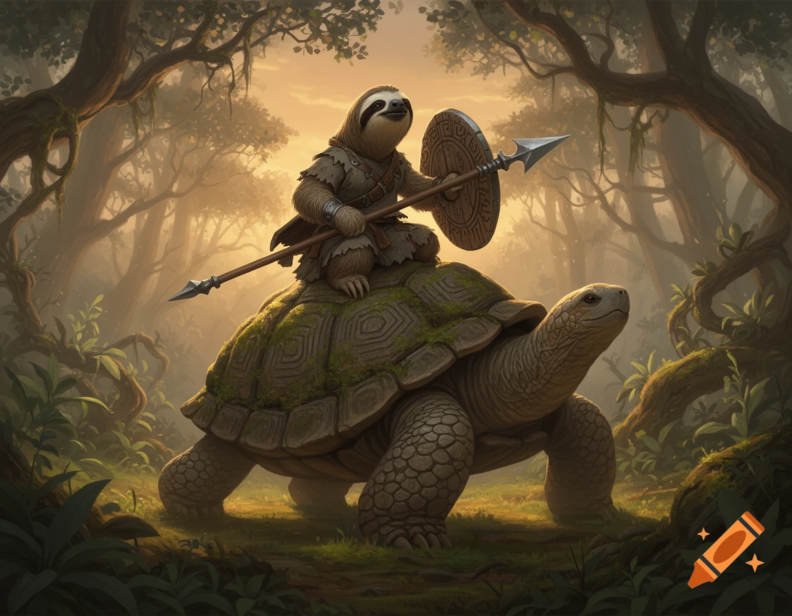 A sloth warrior with a shield and spear rides a giant turtle through a ...