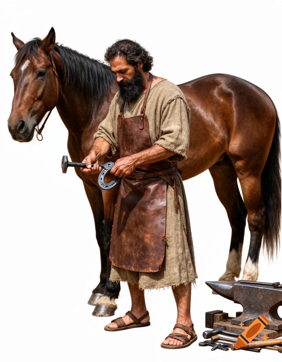 A bearded man in ancient robes and leather apron, a 1st-century Judean blacksmith, holds a horseshoe and hammer beside a brown horse, with an anvil and tools on a white background. Photorealistic style.