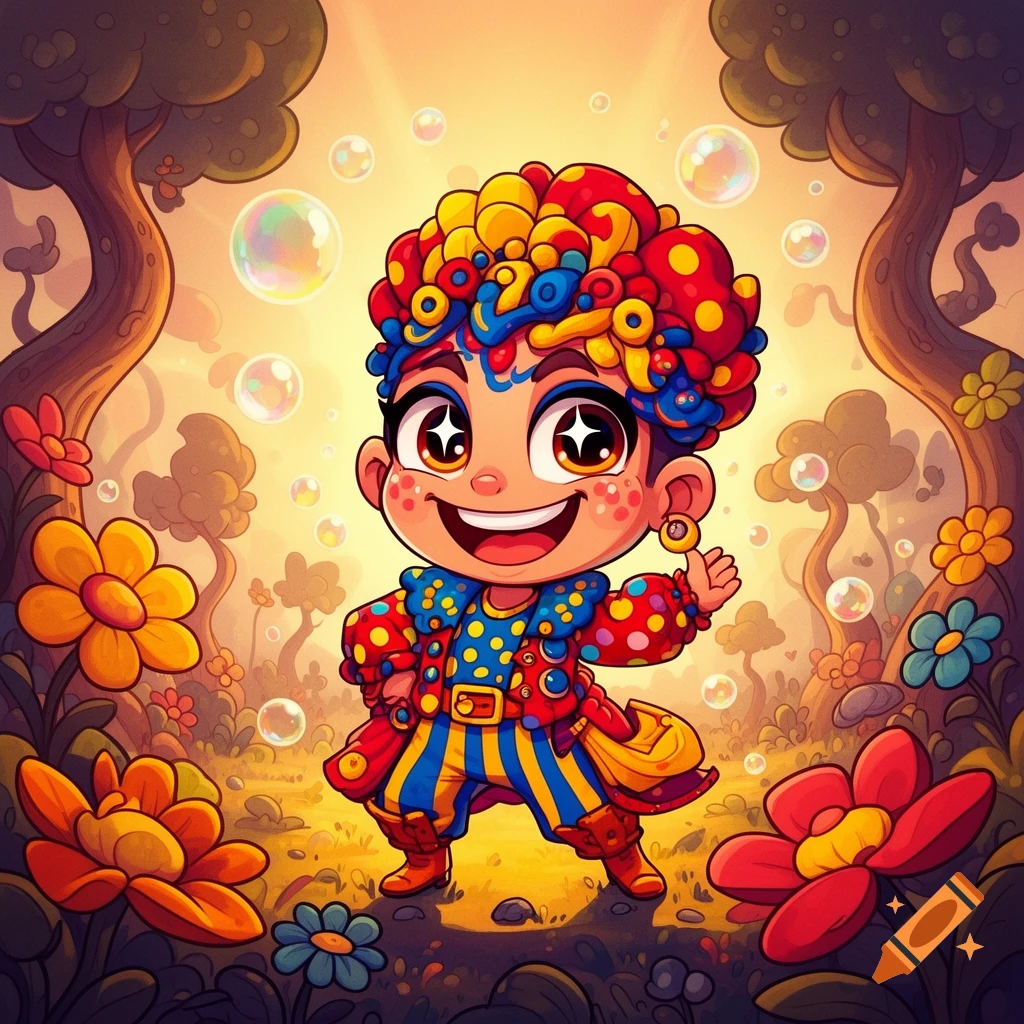 A cheerful, colorful cartoon clown stands in a whimsical forest filled with flowers and floating bubbles.