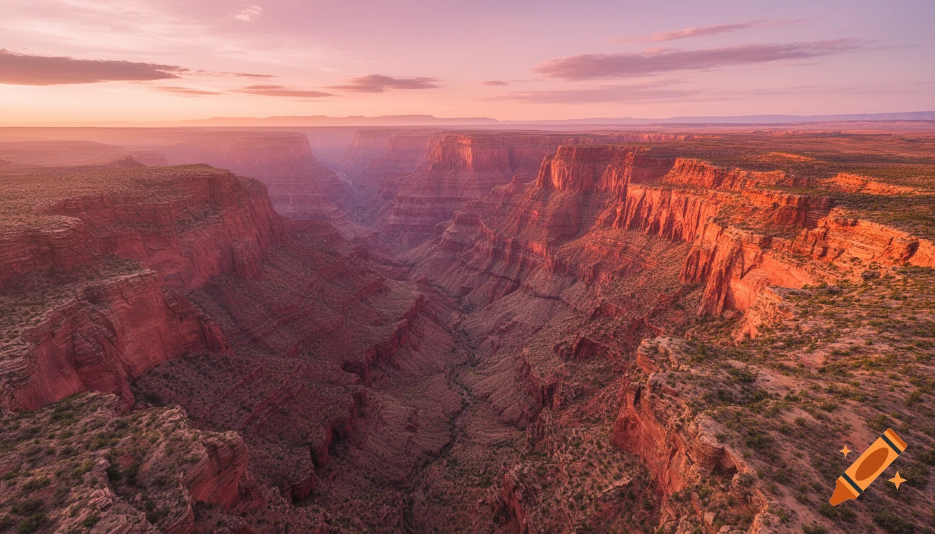 Aerial view of a vast red rock canyon under a pink and orange sunrise sky.