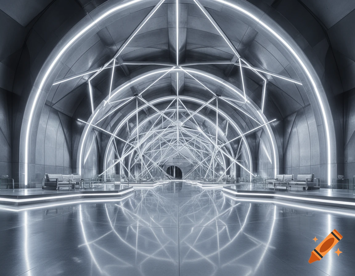A long, arched futuristic steel interior hall with intricate white neon ...