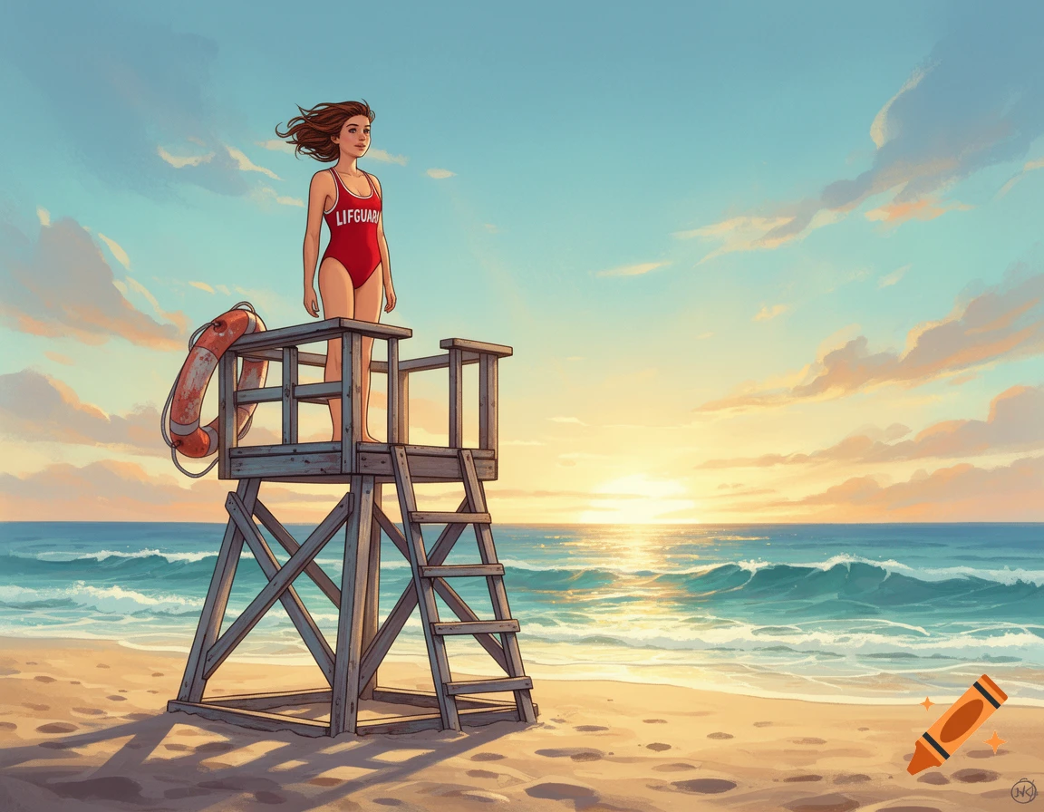 An illustration of a female lifeguard in a red swimsuit standing on a wooden lifeguard tower at a sunny beach during sunset.