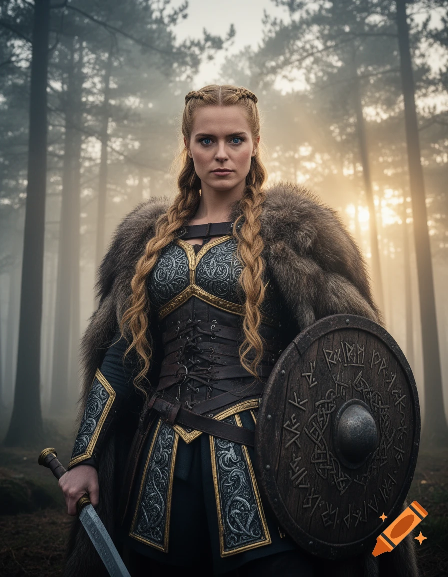 A female Viking shieldmaiden with braided blonde hair and a determined expression, wearing fur and elaborate armor, holding a sword and a rune-etched shield in a misty pine forest at dawn.