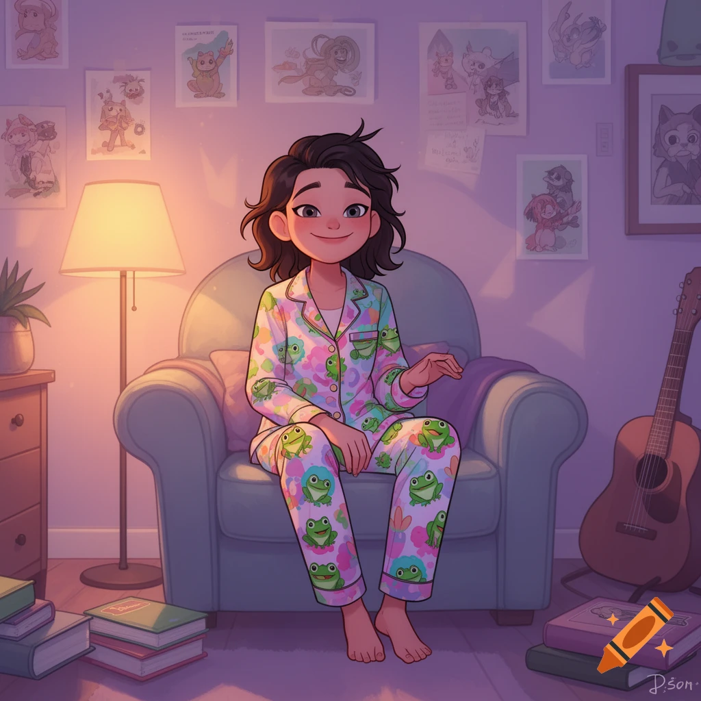 Cartoon girl with dark hair in frog-patterned pajamas sits in a chair in a cozy room with drawings on the wall.