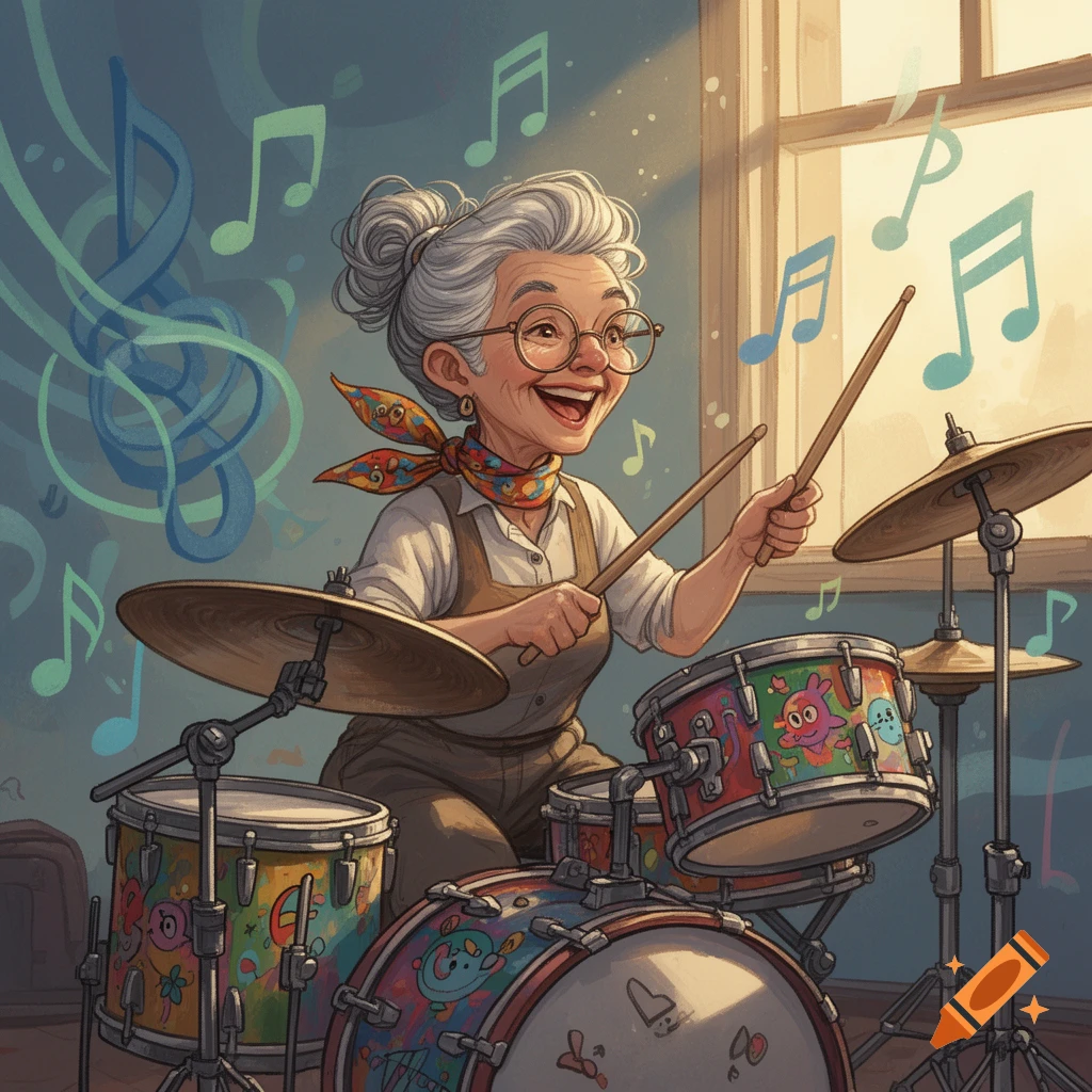 Cartoon drawing of a joyful elderly woman with grey hair playing a colorful drum kit, surrounded by musical notes.