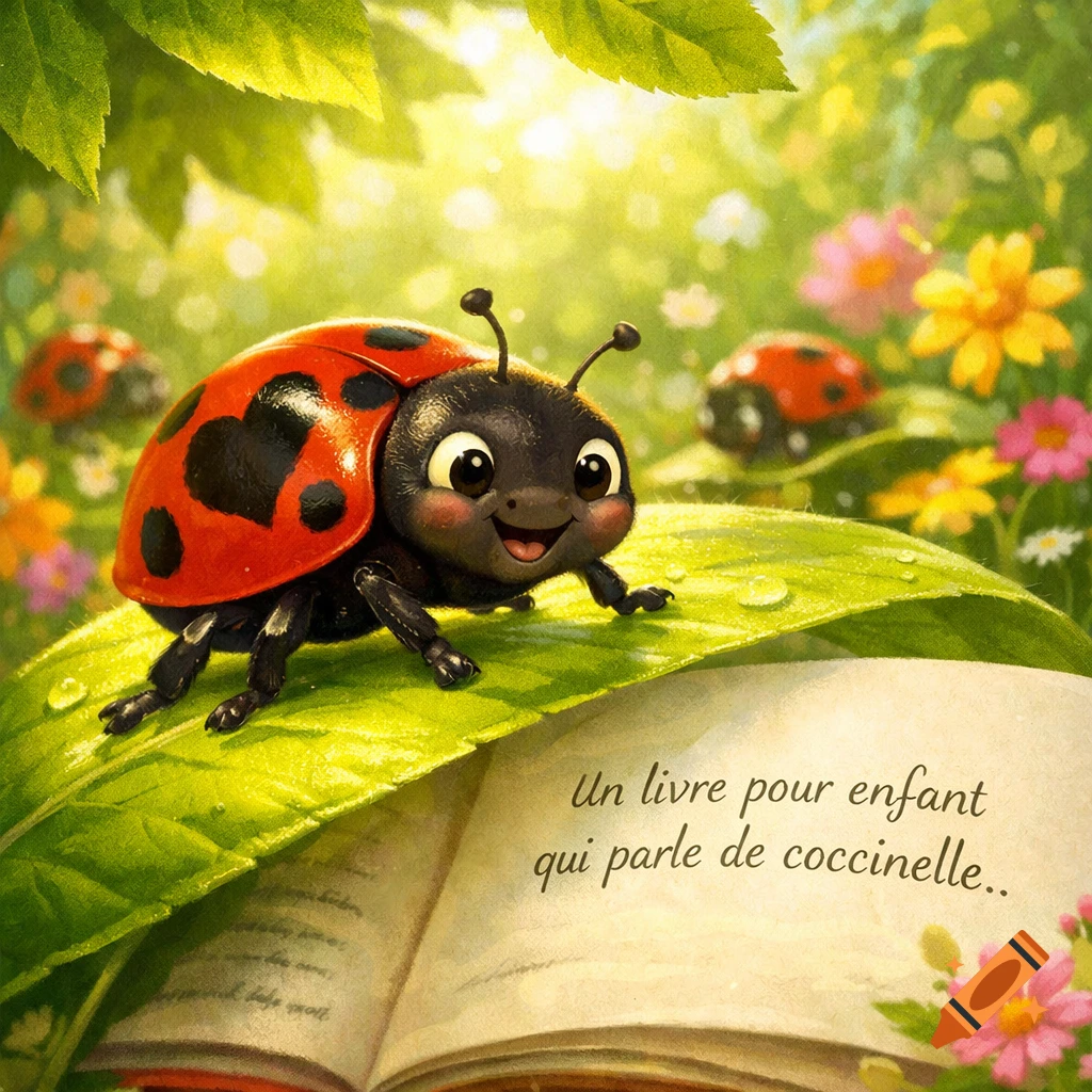 A cute cartoon ladybug smiles on a dewy green leaf, above an open book in a vibrant garden scene with flowers and foliage.