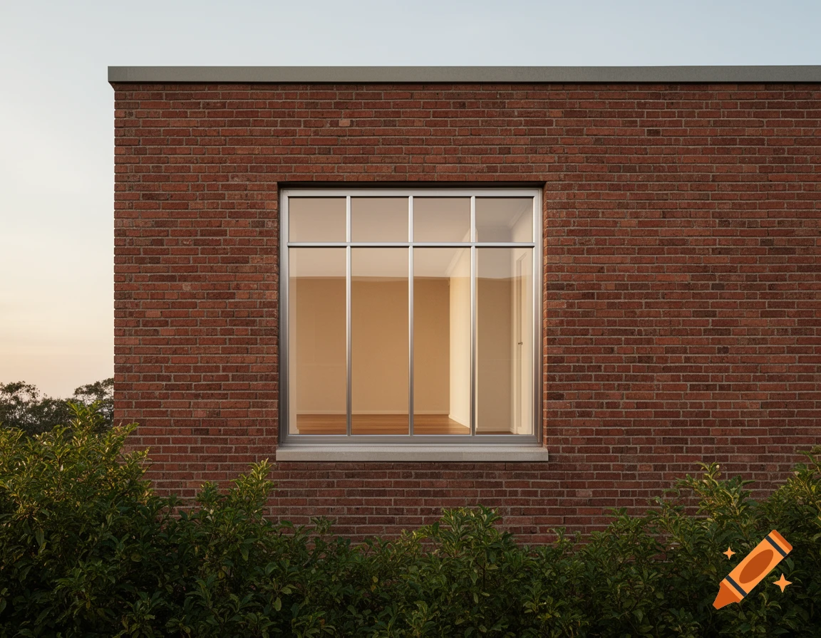 A modern red brick building with a large rectangular window, framed by green bushes below a clear sky.