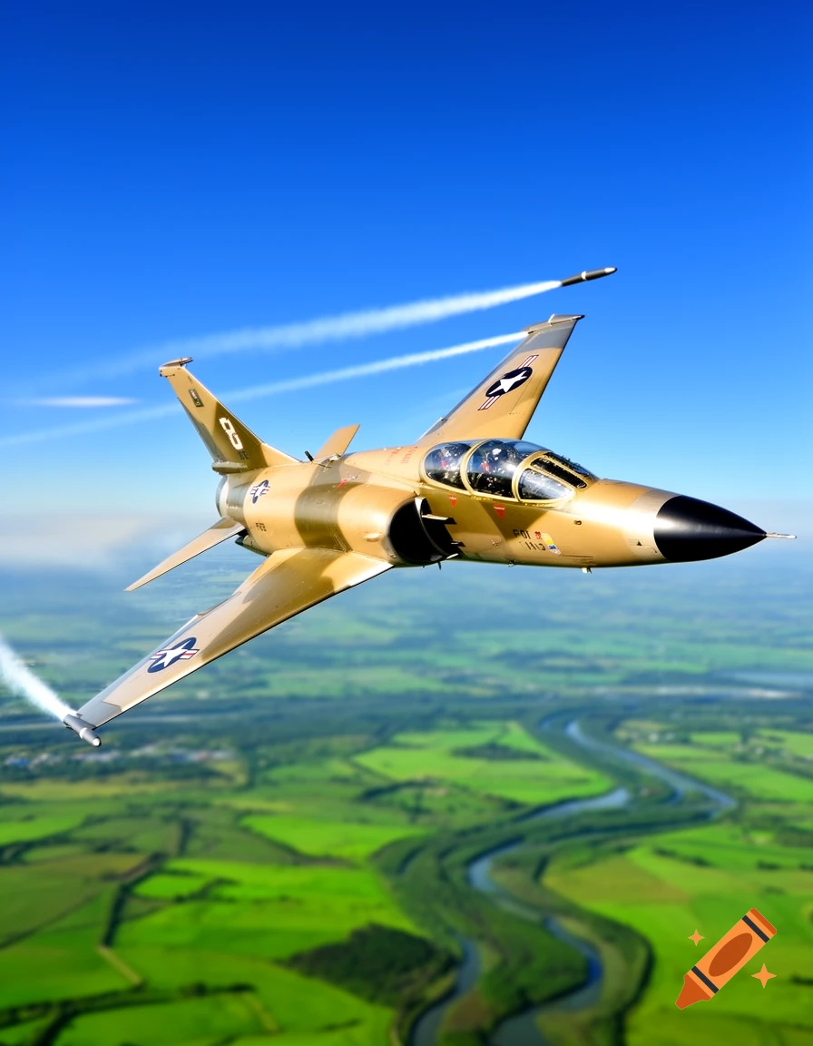 A beige and green military jet flies over a lush green landscape with a winding river, launching a missile into the blue sky.