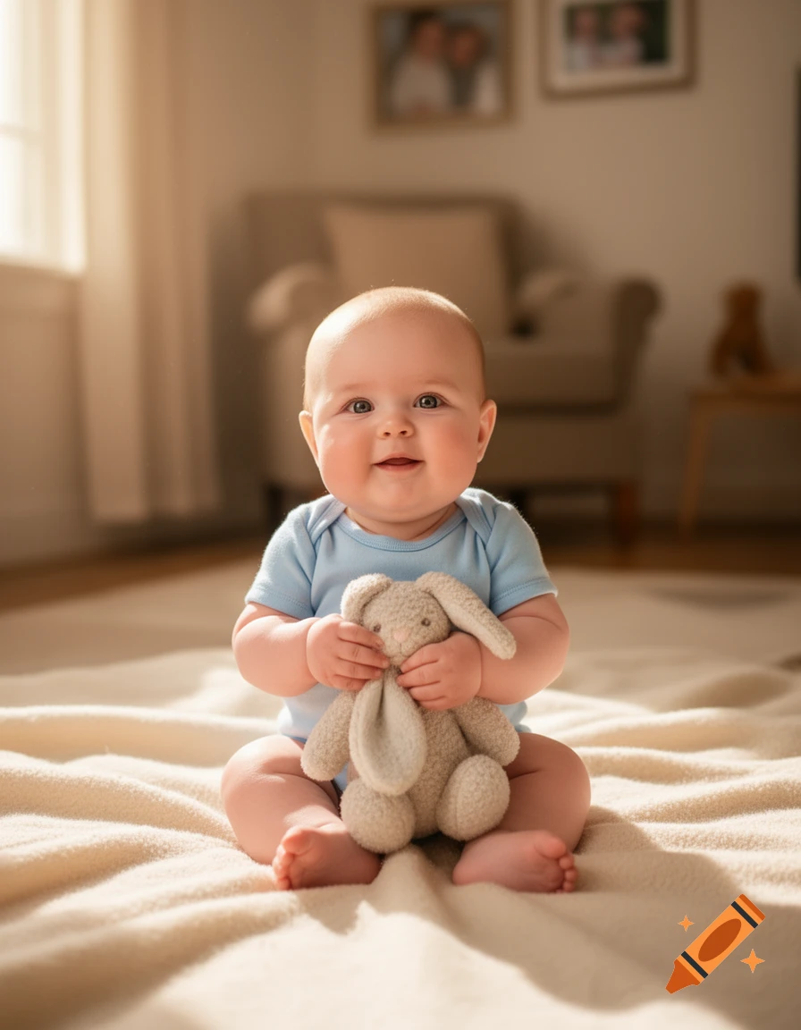 Photorealistic image of a smiling baby in a blue onesie sitting on a blanket, holding a stuffed bunny.