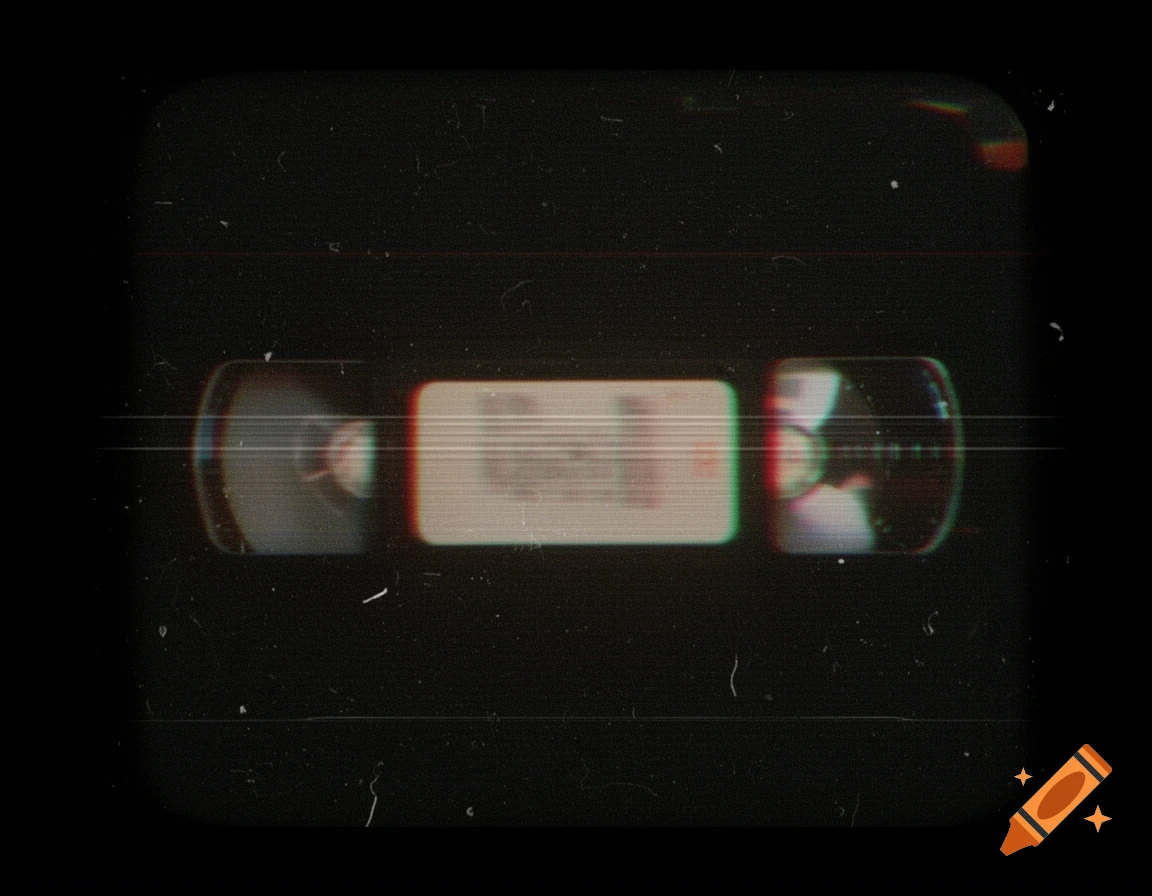 A close-up of a VHS tape with a grainy, distorted, retro video effect, showing scan lines, dust, and color fringing on a black background.