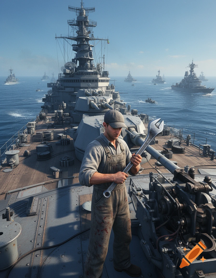 A photorealistic image of a mechanic in overalls holding a large wrench on the deck of a battleship, with a fleet of warships in the ocean under a clear sky.