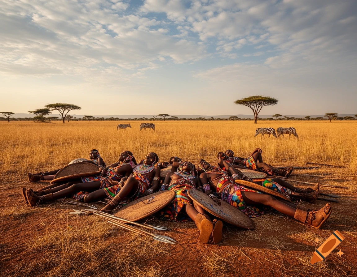Zulu warriors rest in a sunlit savanna with acacia trees and zebras in the background.