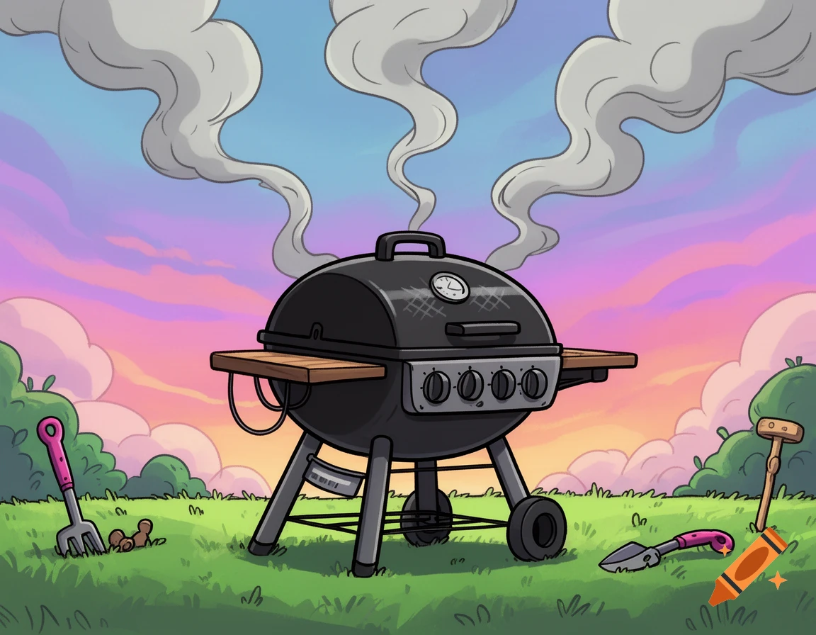 A vibrant cartoon backyard scene with a black barbecue grill emitting smoke, surrounded by gardening tools on green grass under a colorful sunset sky.