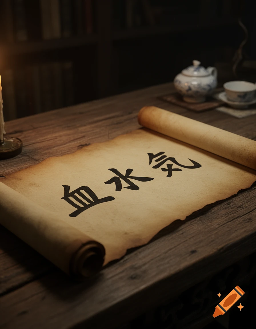 An ancient scroll with East Asian characters '血 水 気' (Blood, Water, Spirit) on a wooden table, lit by a candle, with a tea set in the background.