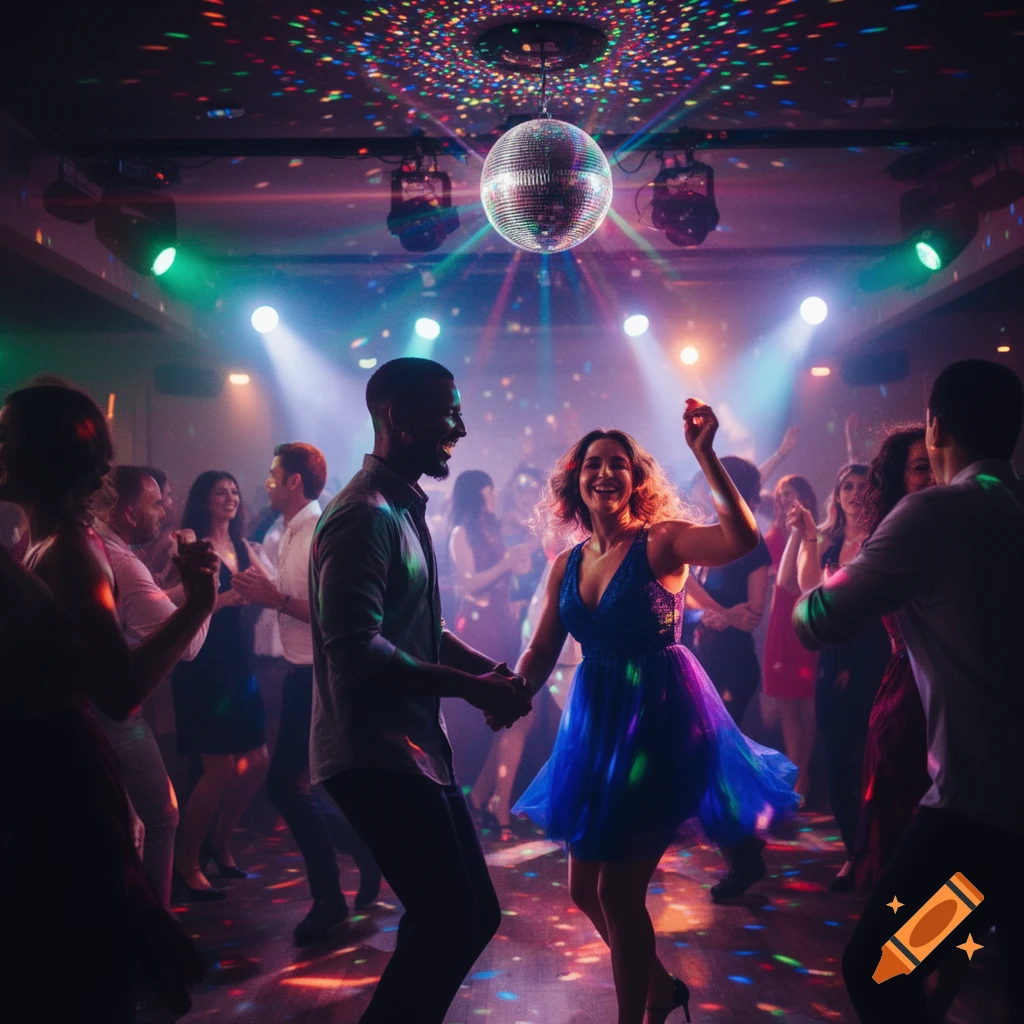 A man and woman hold hands and dance joyfully at a vibrant disco club under a sparkling disco ball and colorful lights.