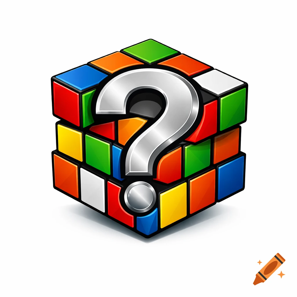 A metallic silver question mark logo on a colorful Rubik's Cube with a white background.