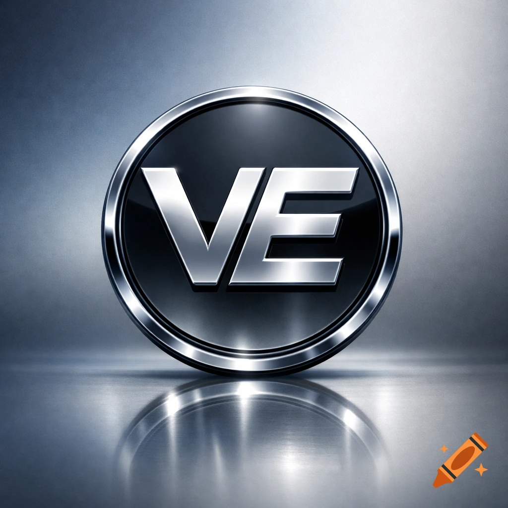 Shiny metallic VE logo in a black circle with chrome border, reflecting on a polished surface.