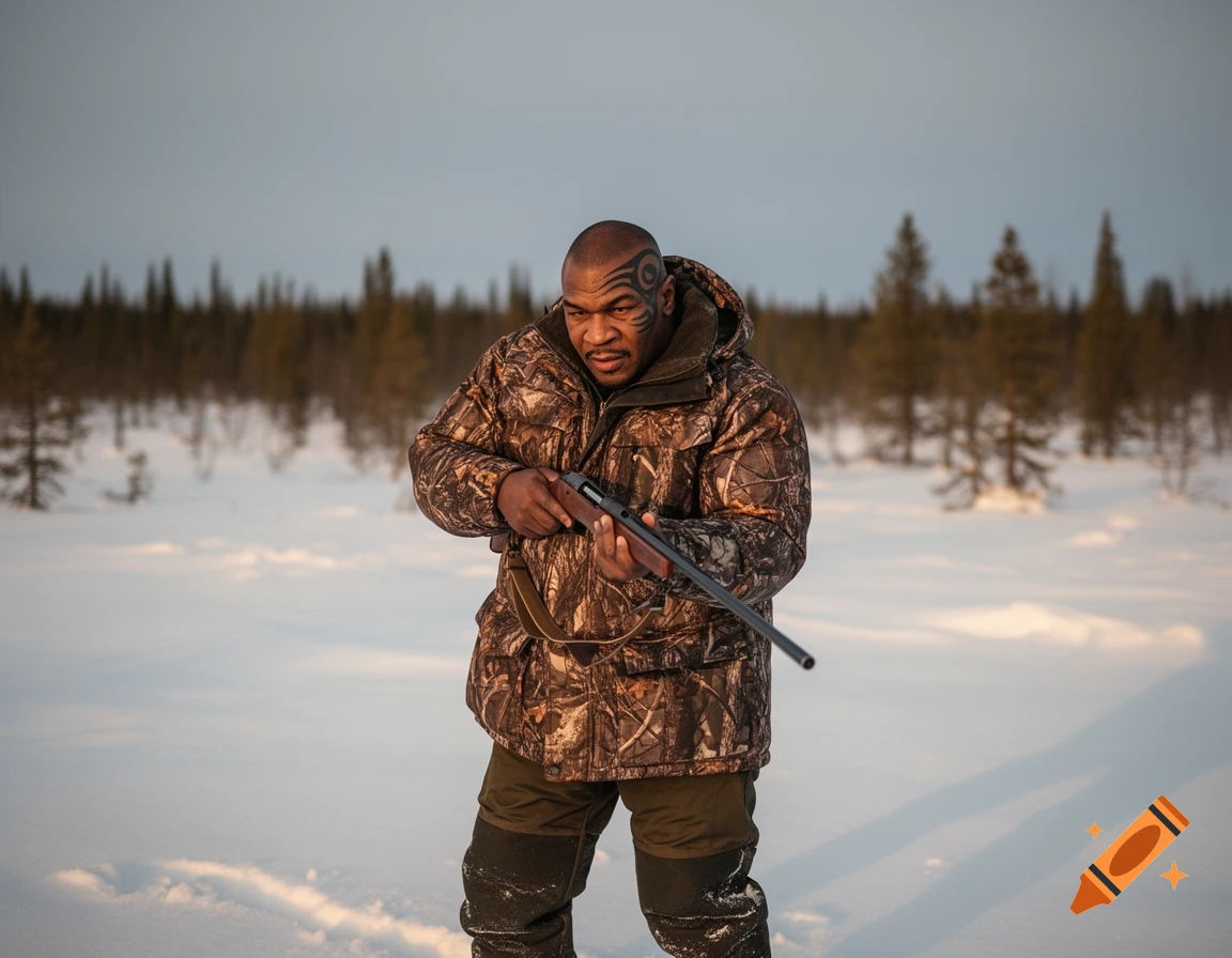 Mike Tyson in camouflage holding a rifle, standing in a snowy landscape with a forest in the background.