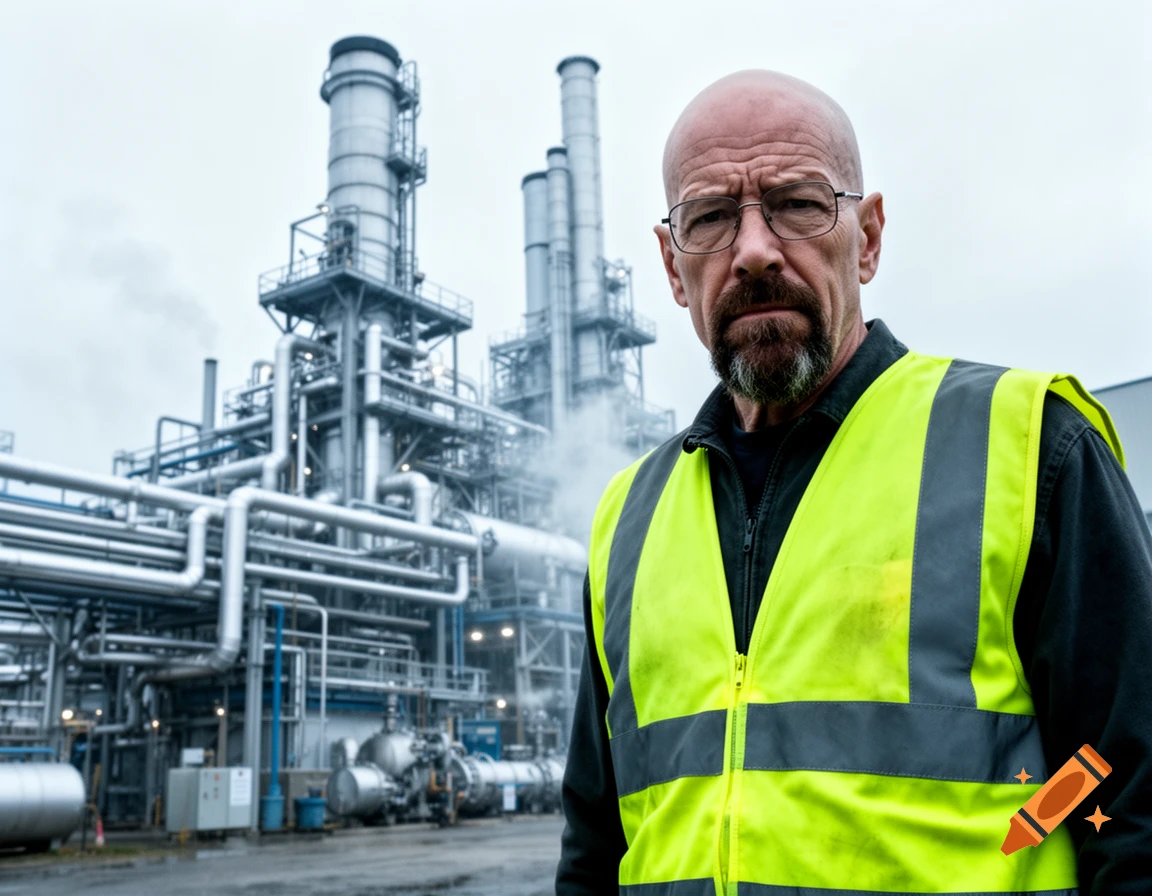 A bald man with a beard and glasses wearing a high-visibility vest stands in front of a large, complex industrial factory on a cloudy day.
