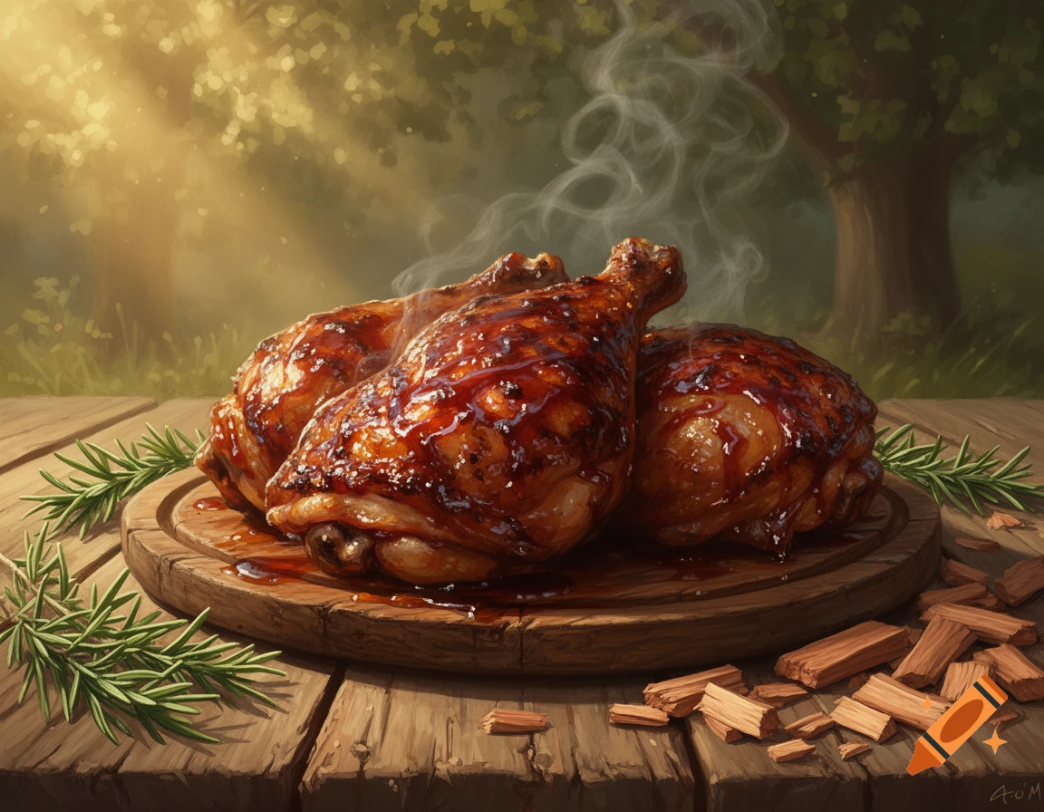 Steaming barbecued chicken drumsticks and thighs glazed with sauce, rosemary, and wood chips on a rustic wooden table outdoors.