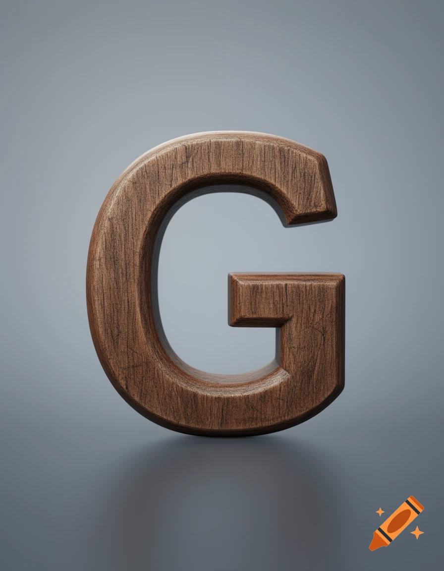 A 3D rendered wooden letter G on a grey background with a subtle reflection.